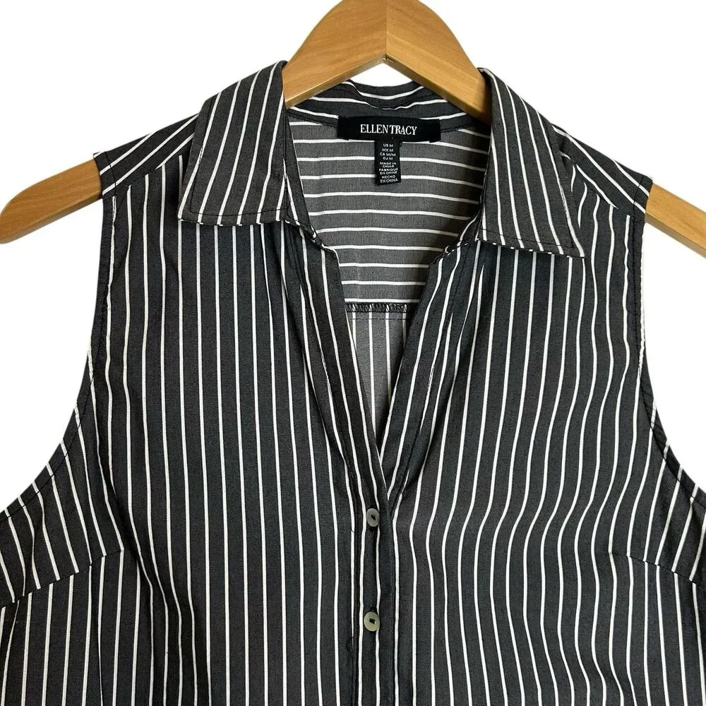 Ellen Tracy Shirt Dress Mini MED Button Front Striped Sleeveless Charcoal Gray